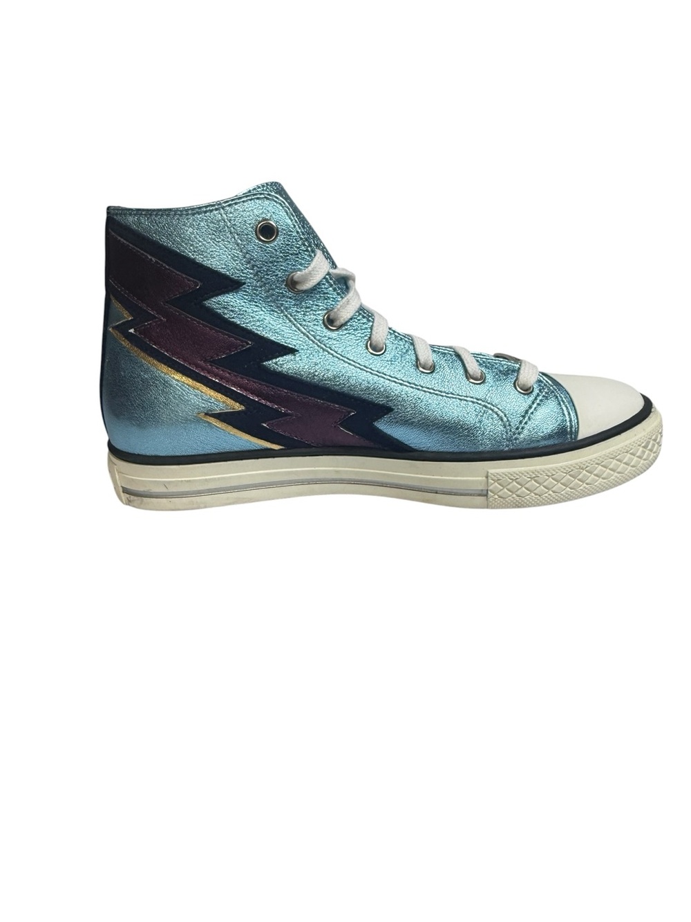 Roberto Cavalli Blue Metallic Lightening Bolt High Top Sneakers
Size 39